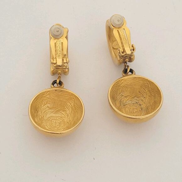 Vintage Givenchy Drop Gold Tone Clip on Earrings Round Glam Statment Logo Retro - Picture 2 of 11